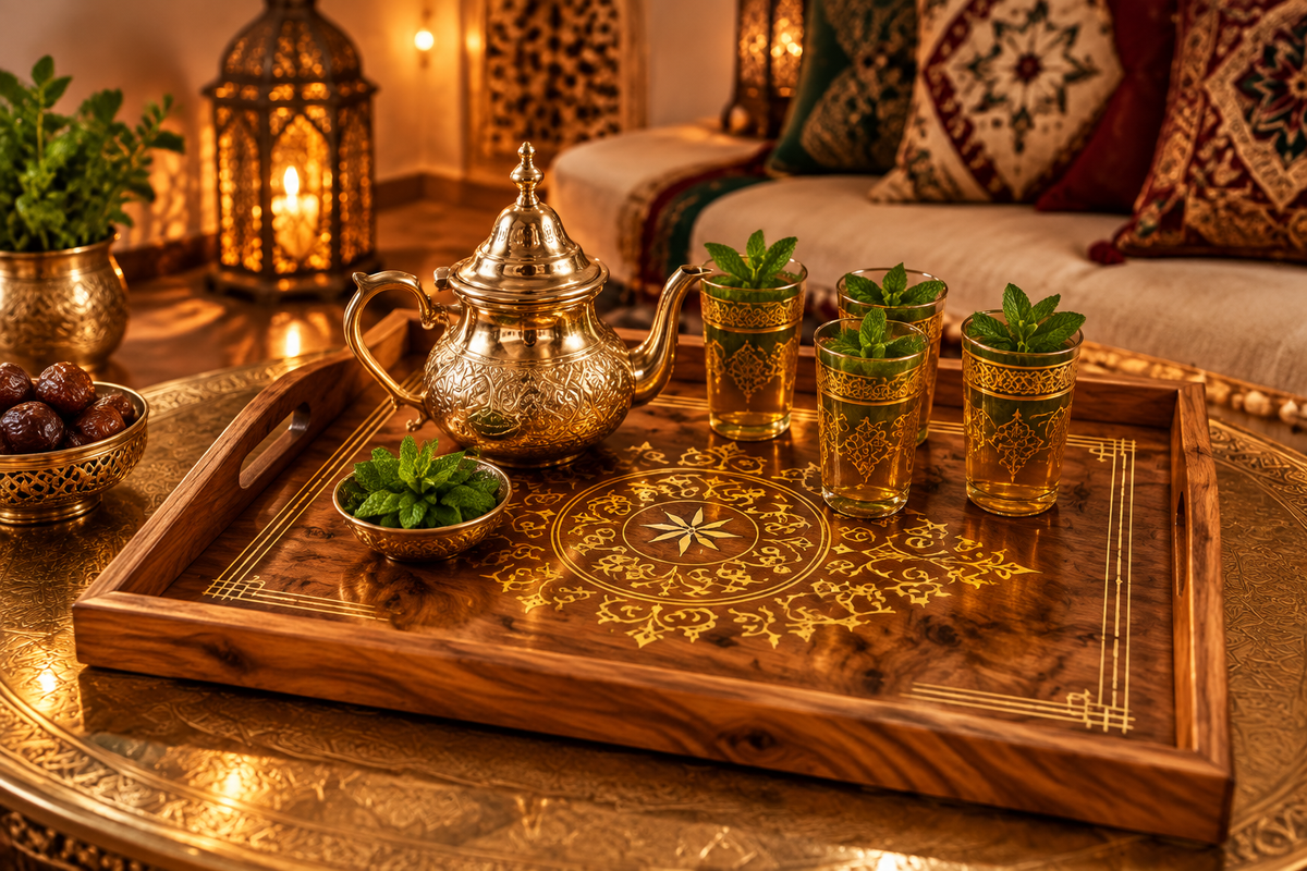 بلاطو من خشب العرعار بنقوش ذهبية — صناعة تقليدية مغربية