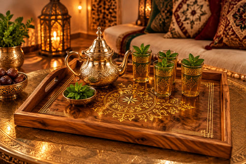 بلاطو من خشب العرعار بنقوش ذهبية — صناعة تقليدية مغربية